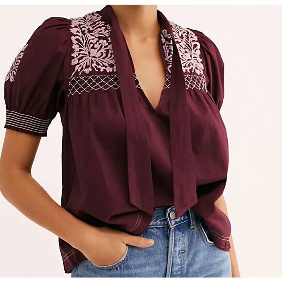 Free People Blouse Women's Medium Burgundy Dreaming of You Tunic Embroidered - Picture 1 of 5